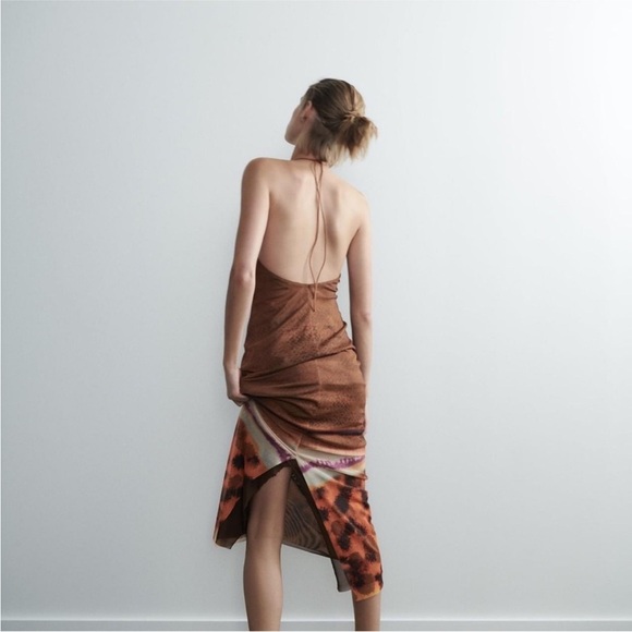 ZARA Tulle Bloggers Favorite Halter Maxi open back Dress Brown Open Back NWT - Picture 3 of 11